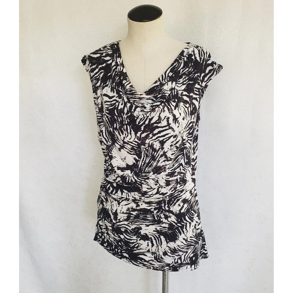 Vince Camuto Wonens Blouse Size M Black White Animal Print Cowl Neck Ruched Side